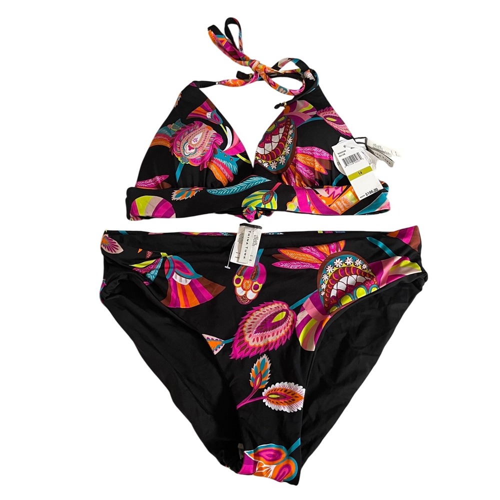 Trina Turk Multicolor Floral Halter High Waisted Bikini Set Reversible 14 NWT